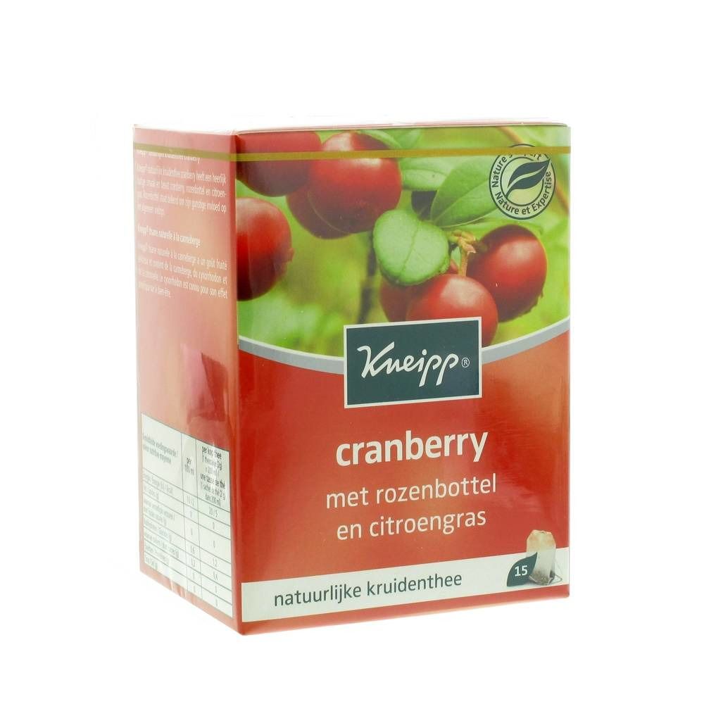 Boîte en carton Kneipp avec motif de canneberges. Texte : cranberry, avec rose musquée et citronnelle. 15 sachets de thé.