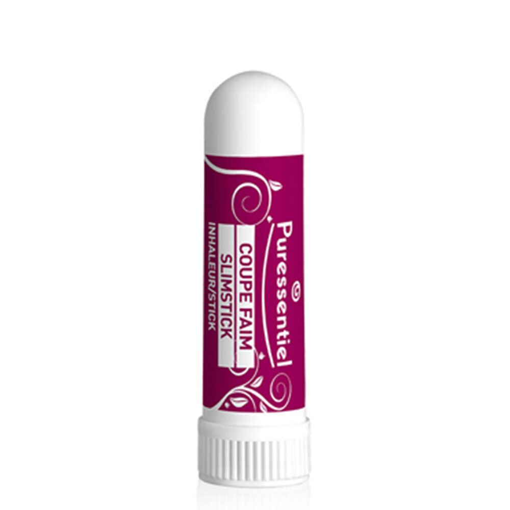 Inhalateur avec capuchon blanc et corps rose. Texte: Coupe Faim, Slimstick, Inhalateur/Stick.