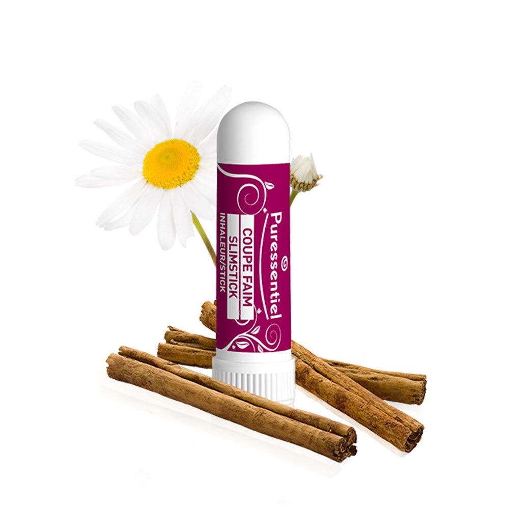 Inhalateur avec capuchon blanc, corps rose, camomille et bâtons de cannelle. Texte: Coupe Faim, Slimstick.