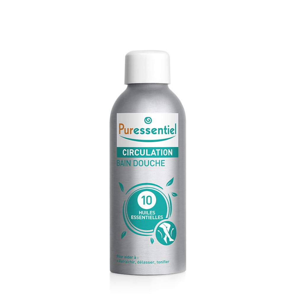 Flacon argenté avec bouchon blanc. Inscription: Puressentiel, Circulation, Bain Douche, 10 Huiles Essentielles.