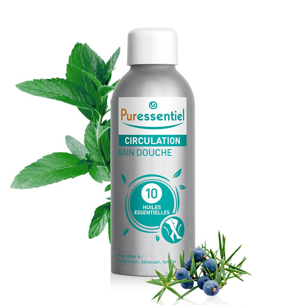 Flacon argenté avec bouchon blanc, entouré de menthe et genévrier. Inscription: Puressentiel, Circulation, Bain Douche.