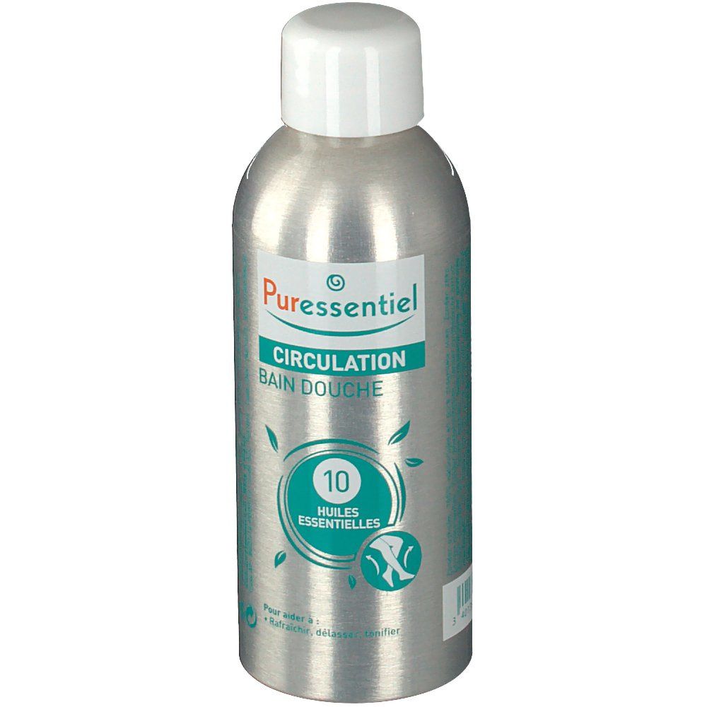 Flacon argenté avec bouchon blanc. Inscription: Puressentiel, Circulation, Bain Douche, 10 Huiles Essentielles. Étiquette.