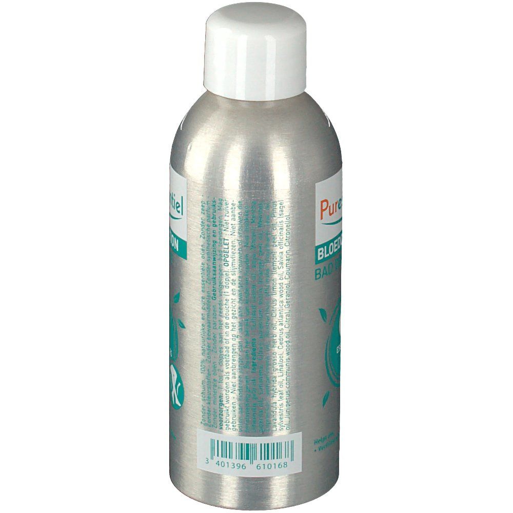Flacon argenté avec bouchon blanc. Dos avec texte et code-barres. Inscription: Puressentiel, Circulation, Bain Douche.