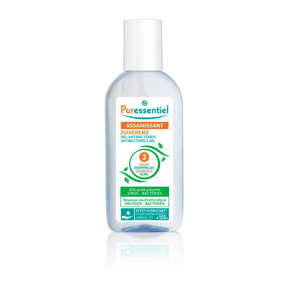 Gel désinfectant avec 3 huiles essentielles. Flacon transparent, bouchon blanc. Étiquette avec informations produit.