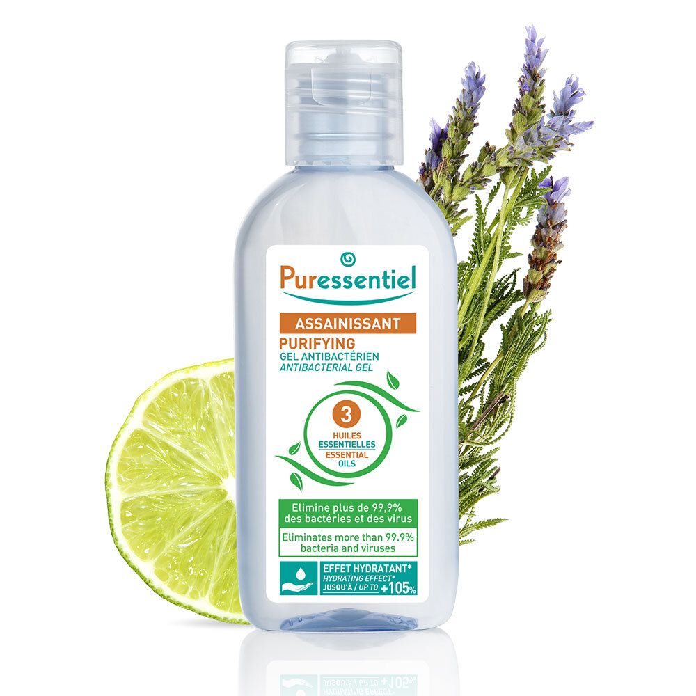 Gel désinfectant avec 3 huiles essentielles. Flacon avec étiquette, tranche de citron vert et brin de lavande.