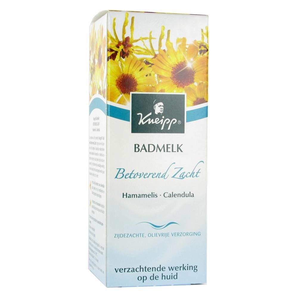Boîte de Kneipp Bademelk. Fleurs jaunes en haut, logo et texte en dessous. Texte : Bademelk, Betoverend Zacht, Hamamelis, Calendula.