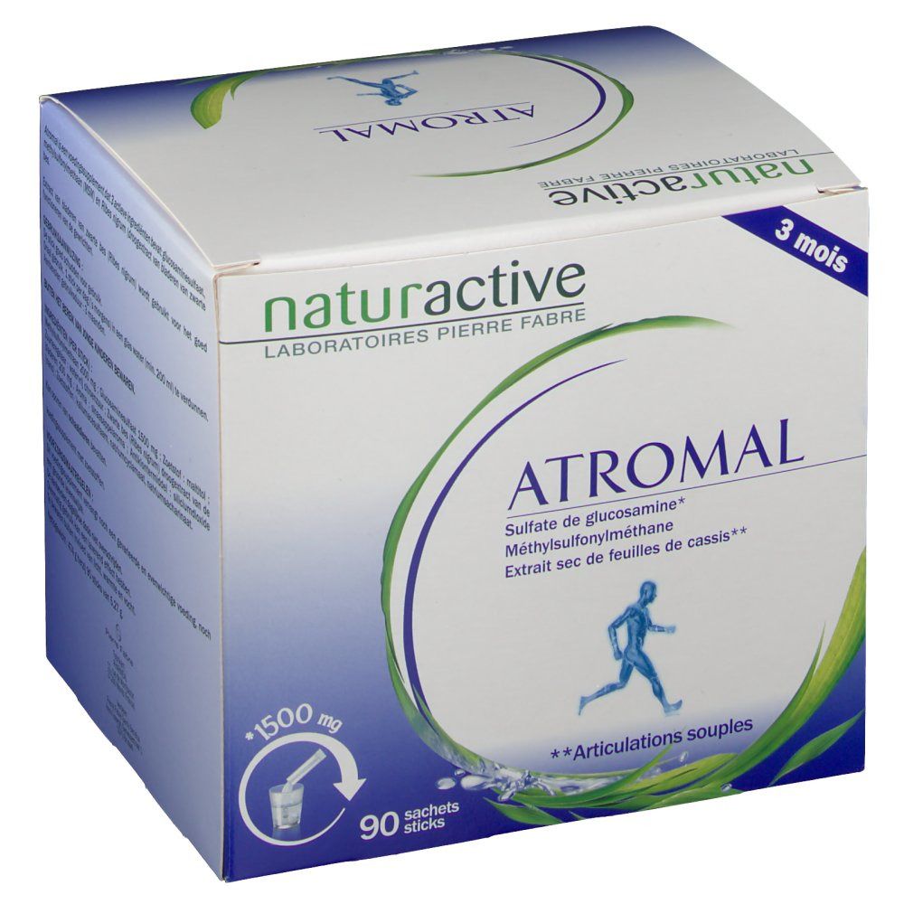 Doos Atromal Naturactiv Sticks. Bevat 90 zakjes. Opschrift: 1500 mg, Naturactiv, Atromal, Laboratoires Pierre Fabre. Illustratie van een persoon.