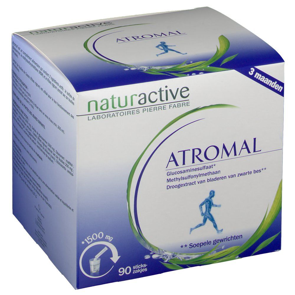 Doos Atromal Naturactiv Sticks. Bevat 90 zakjes. Opschrift: 1500 mg, Naturactiv, Atromal, Laboratoires Pierre Fabre. Illustratie van een persoon.