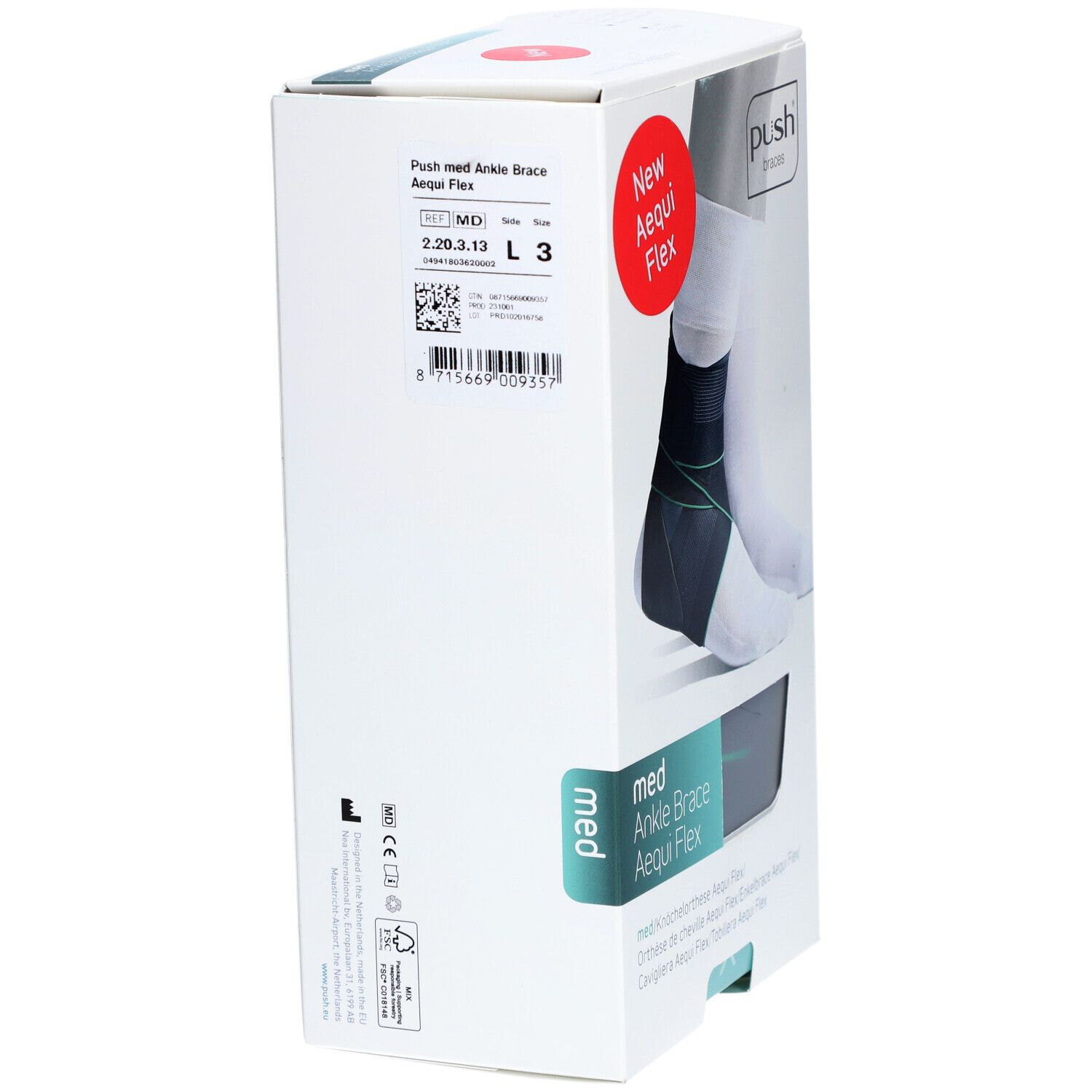 Verpackung der Knöchelorthese. Produktname: med Ankle Brace Aequi Flex. Marke: Push. Rückseite mit Produktinformationen und QR-Code.