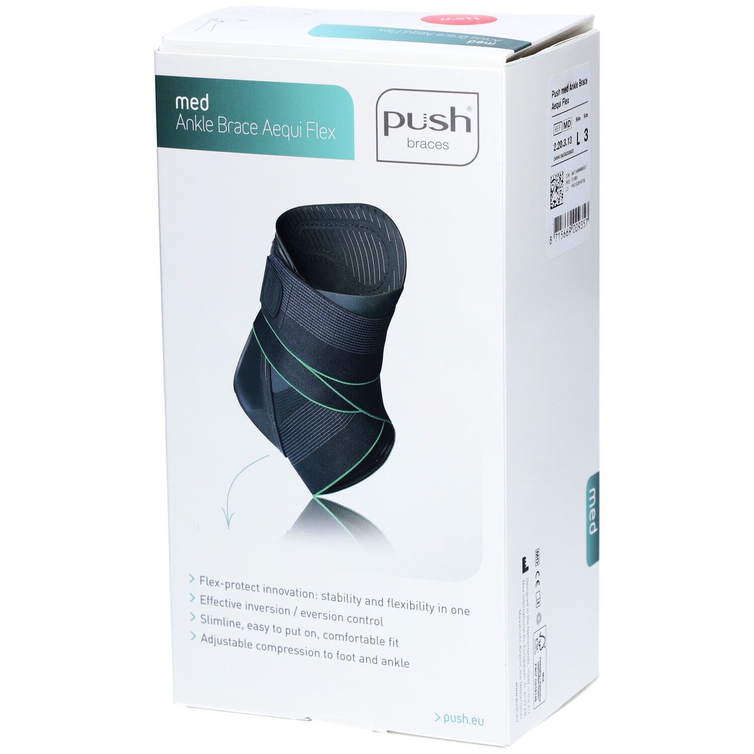 Verpackung mit Knöchelorthese. Produktname: med Ankle Brace Aequi Flex. Marke: Push. Produktmerkmale auf der Verpackung.