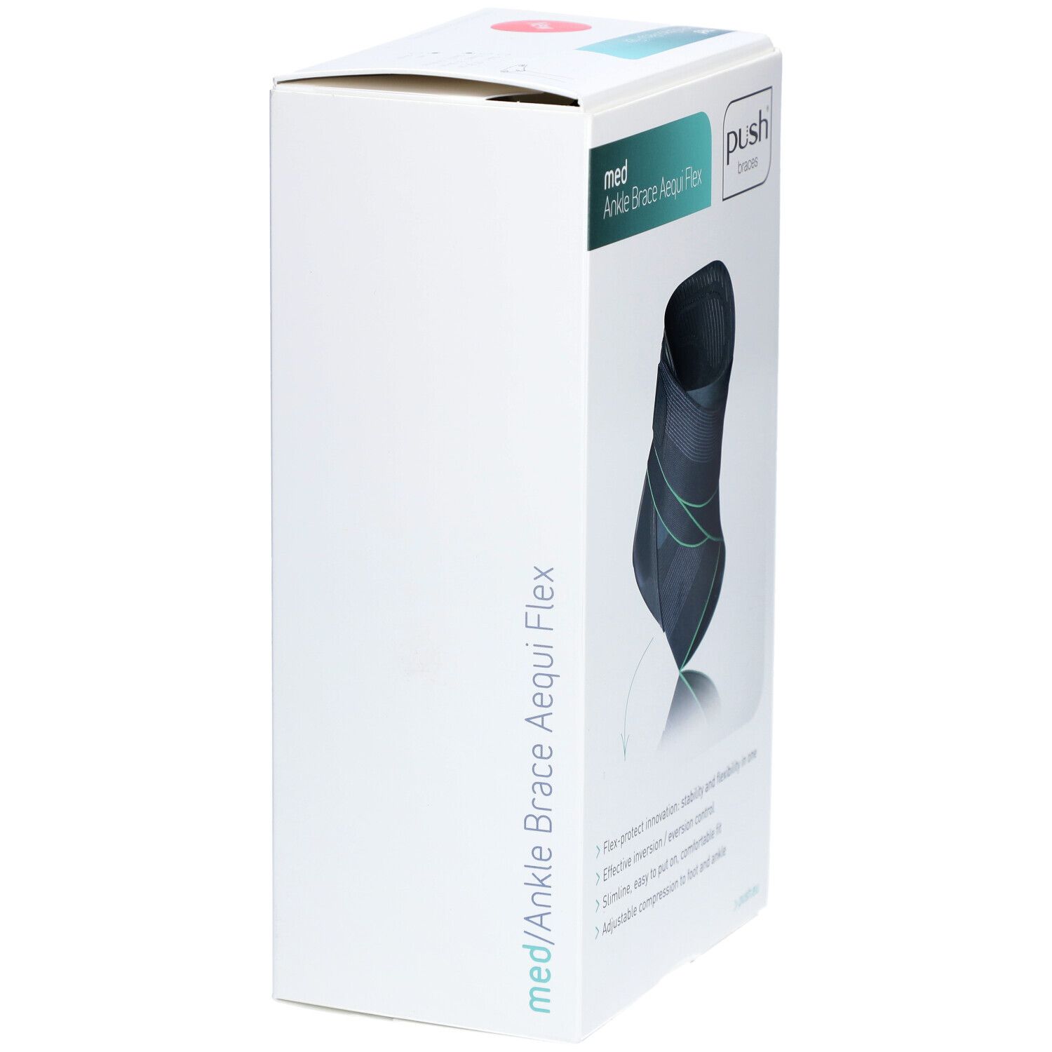 Verpackung der Knöchelorthese. Produktname: med Ankle Brace Aequi Flex. Marke: Push. Seitenansicht der Verpackung.