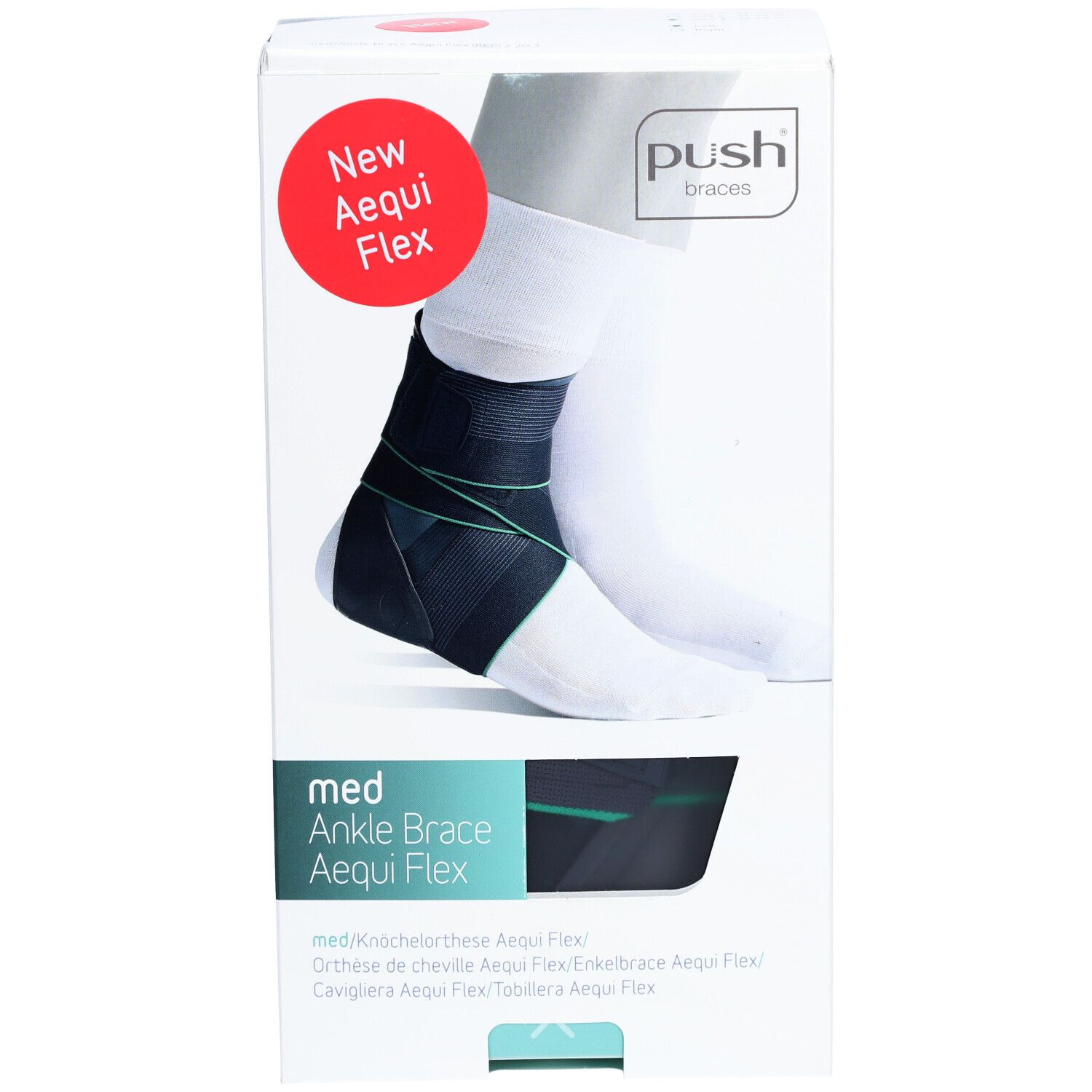 Verpackung mit Knöchelorthese. Produktname: med Ankle Brace Aequi Flex. Marke: Push. Roter Aufkleber: New Aequi Flex. Abbildung eines Fußes mit Orthese.