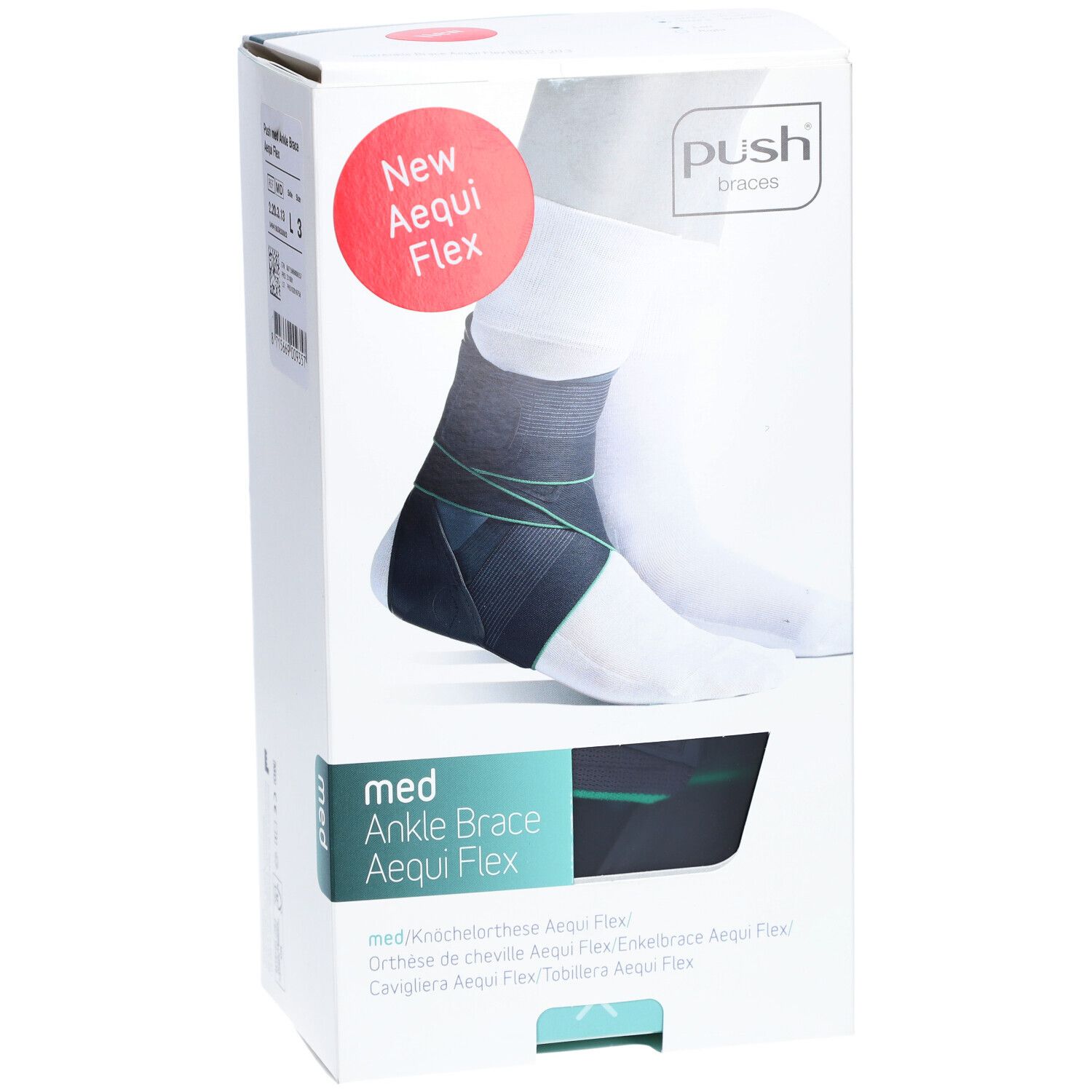 Verpackung mit Knöchelorthese. Produktname: med Ankle Brace Aequi Flex. Marke: Push. Roter Aufkleber: New Aequi Flex. Abbildung eines Fußes mit Orthese.