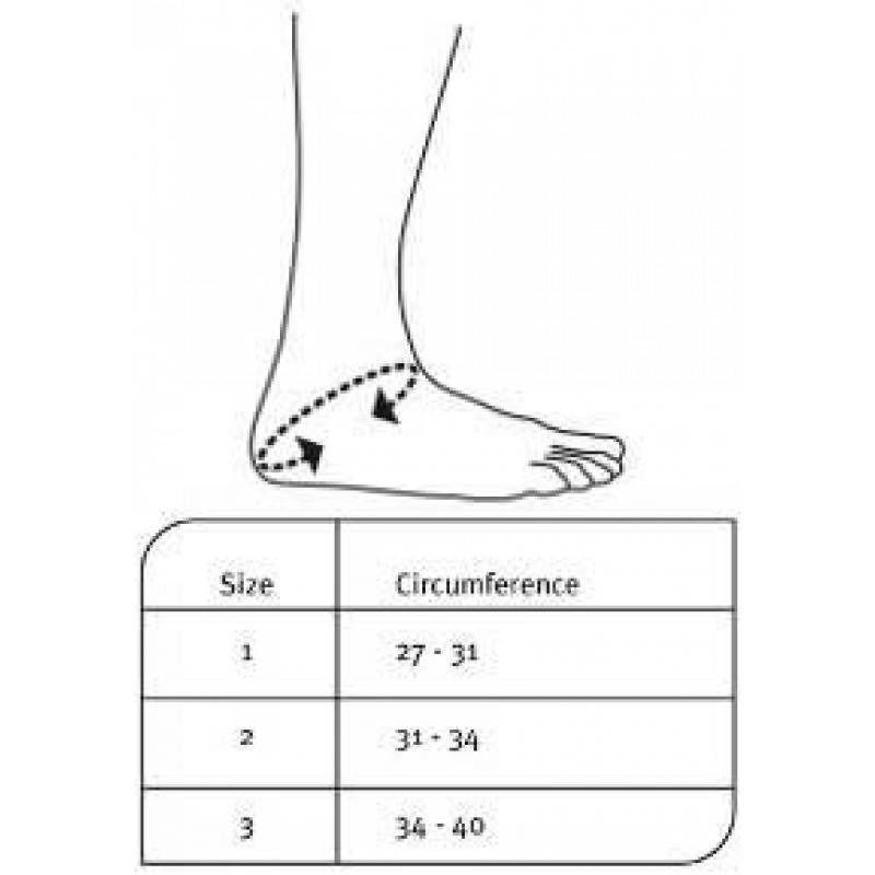 Tableau des tailles pour les orthèses de cheville. Tailles 1, 2 et 3. Circonférence en cm.