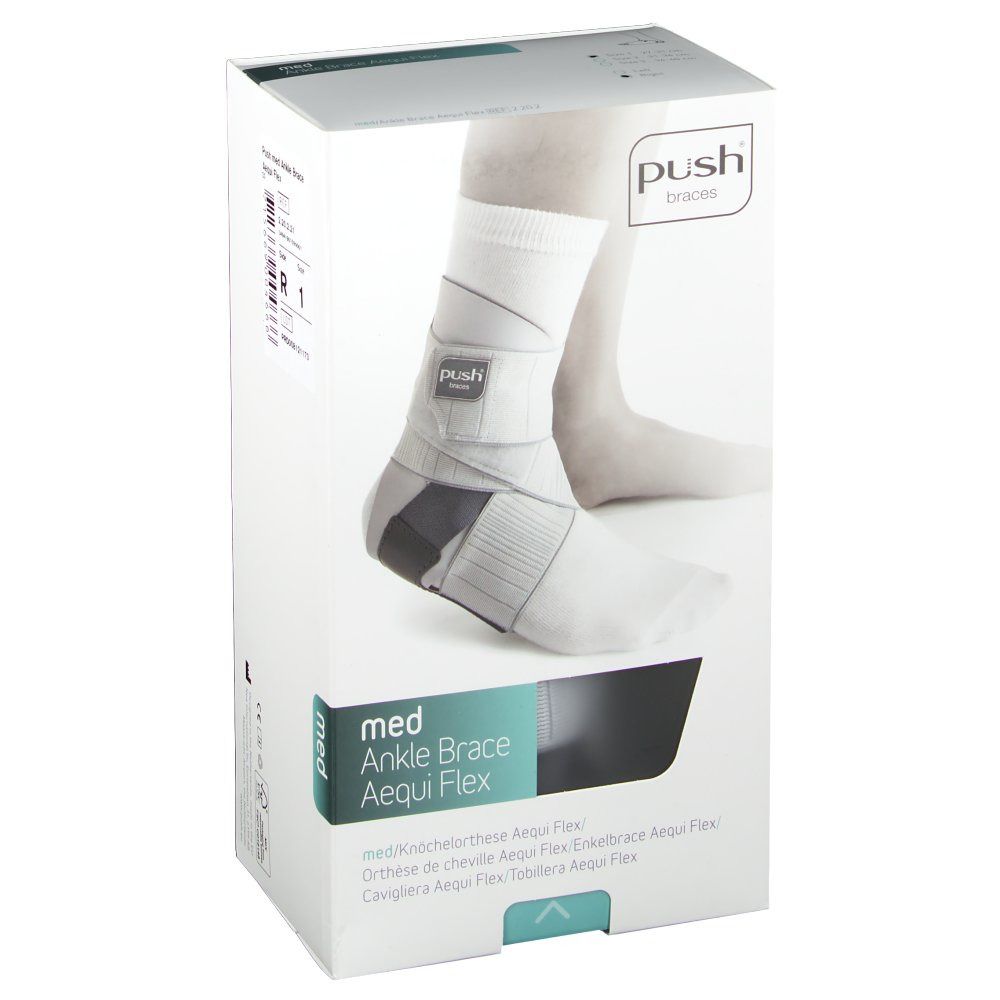 Emballage de l'orthèse de cheville. Boîte blanche avec image du produit. Texte : med Ankle Brace Aequi Flex.