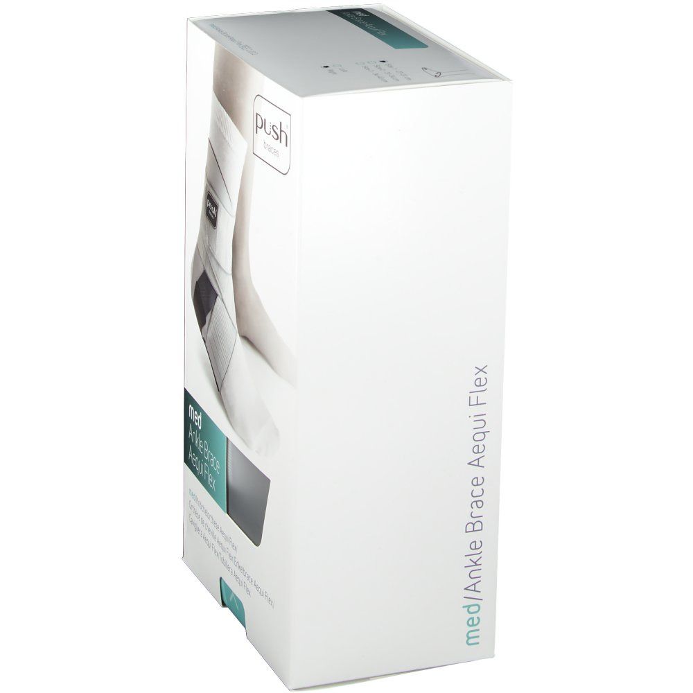 Emballage de l'orthèse de cheville. Boîte blanche. Texte : med Ankle Brace Aequi Flex. Logo Push.