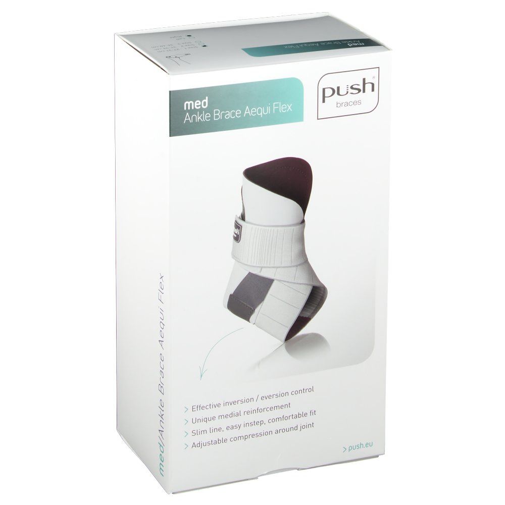 Emballage de l'orthèse de cheville. Boîte blanche. Texte : med Ankle Brace Aequi Flex. Logo Push. Image du produit.