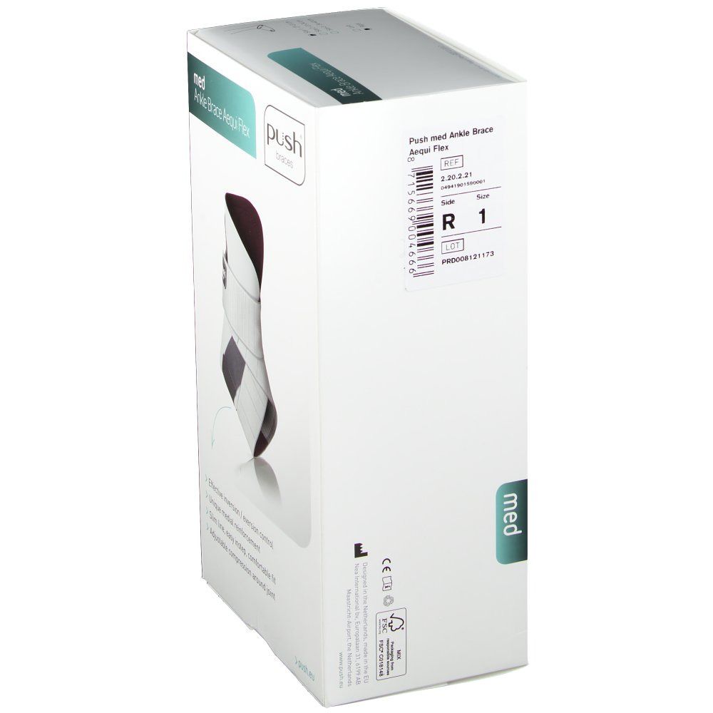 Emballage de l'orthèse de cheville. Boîte blanche. Texte : med Ankle Brace Aequi Flex. Logo Push. Informations produit.