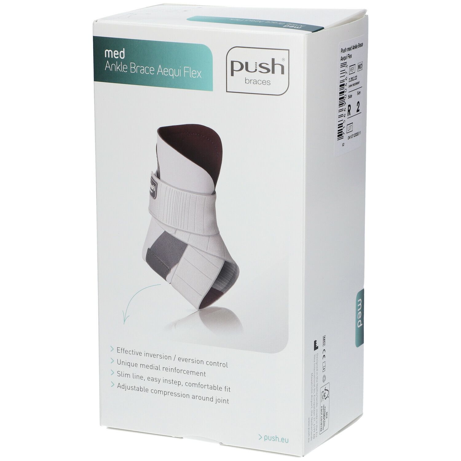Orthèse de cheville dans son emballage. Marque Push. Nom du produit : med Ankle Brace Aequi Flex. Caractéristiques du produit.