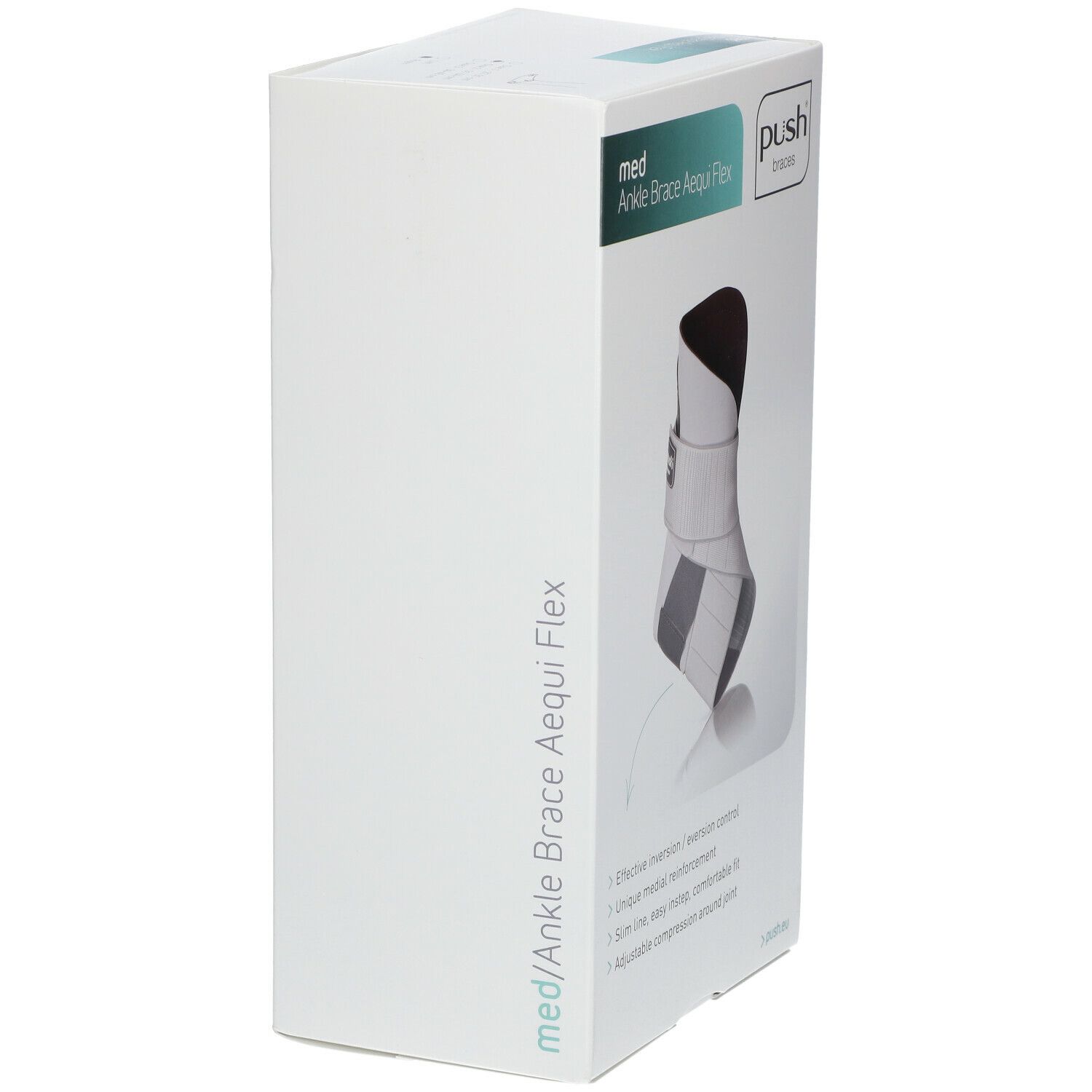 Emballage de l'orthèse de cheville. Marque Push. Nom du produit : med Ankle Brace Aequi Flex. Vue latérale.