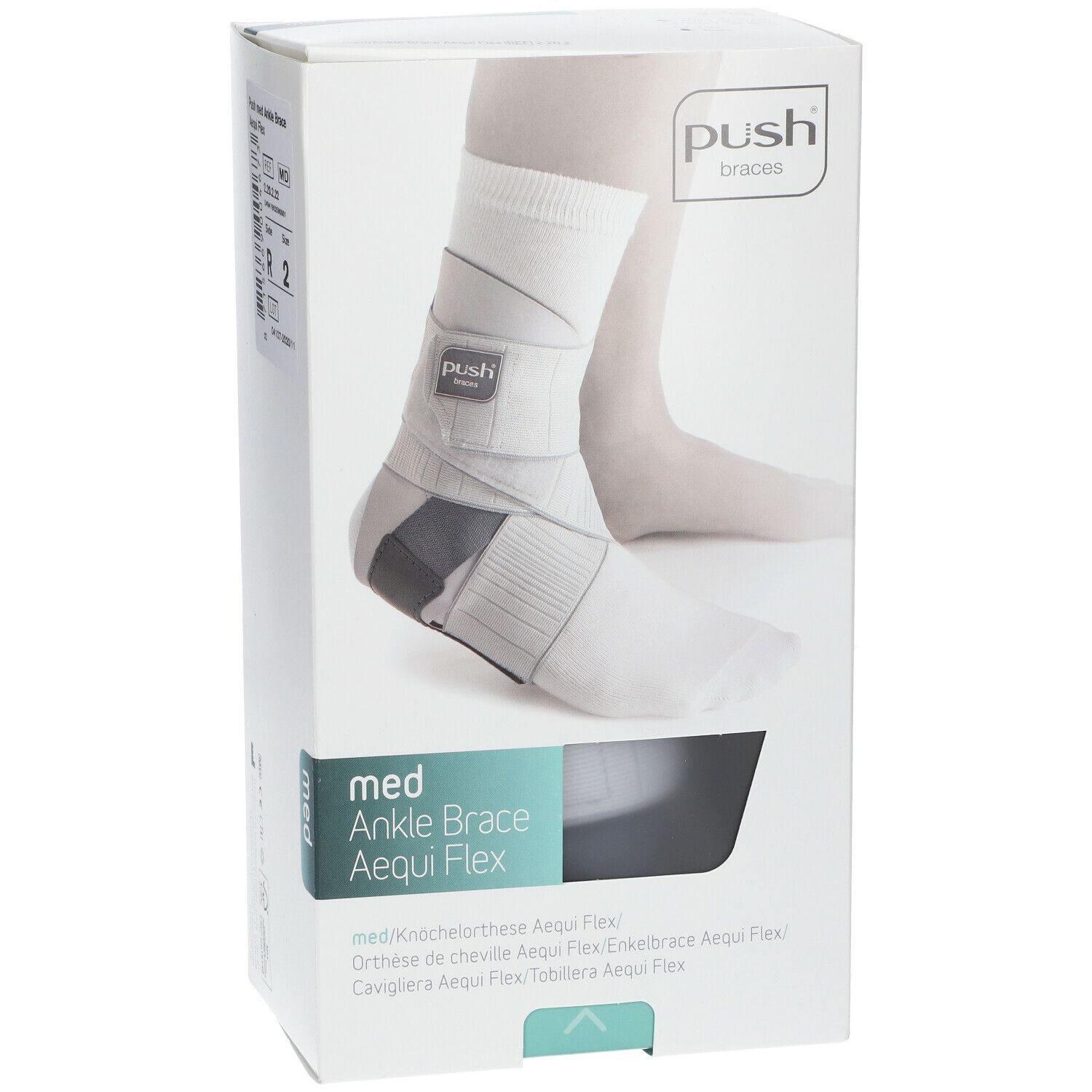 Orthèse de cheville dans son emballage. Marque Push. Bandages gris et blancs. Nom du produit : med Ankle Brace Aequi Flex.