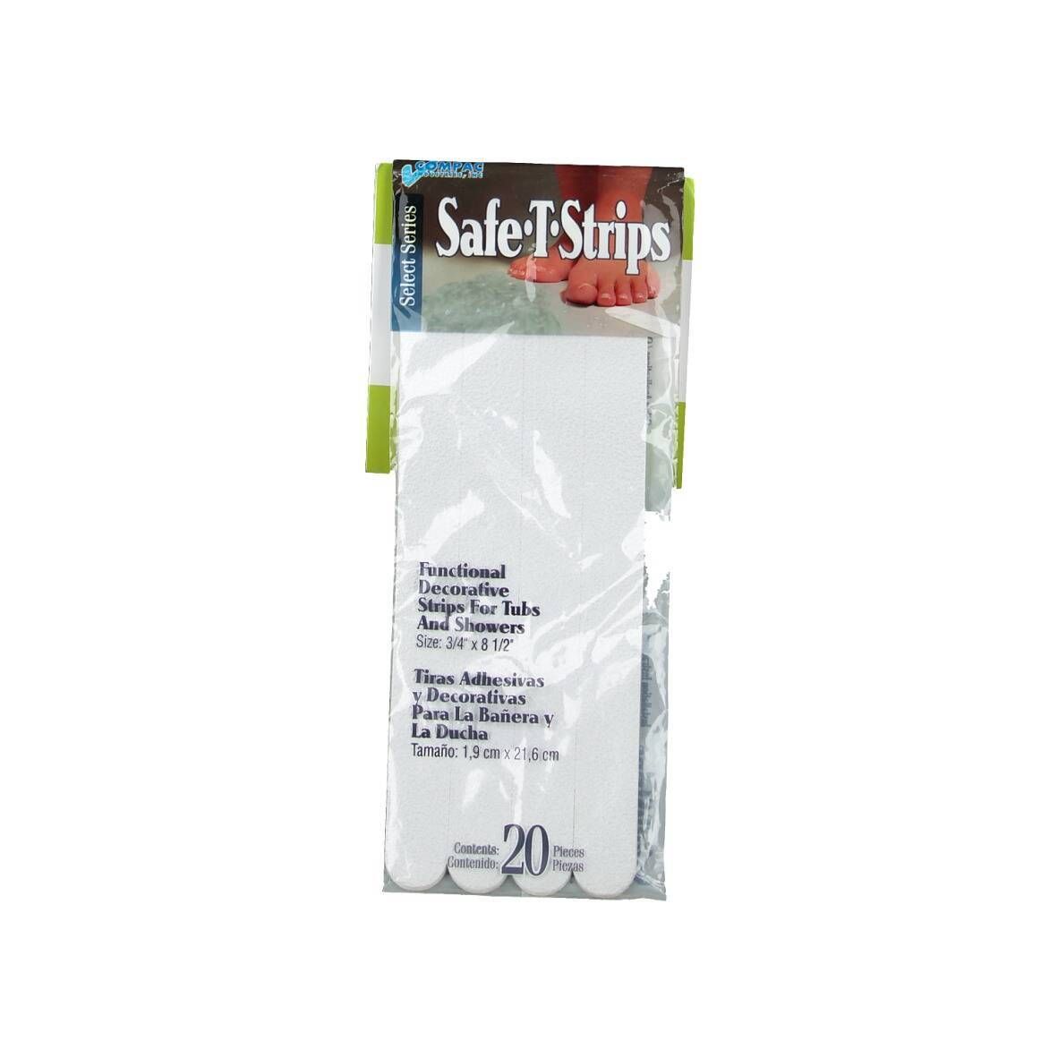 Paquet de 20 bandes antidérapantes blanches rectangulaires. Inscription "Safe-T-Strips". Taille : 3/4 x 8 1/2 pouces. Emballé dans du plastique.
