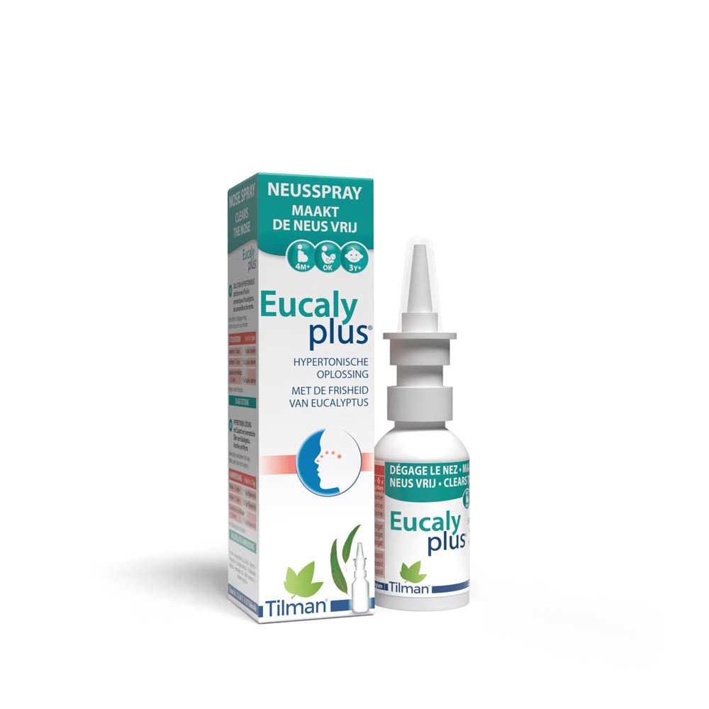 Neussprayverpakking. Nederlandse tekst. Productnaam en logo. Fles met sproeikop.