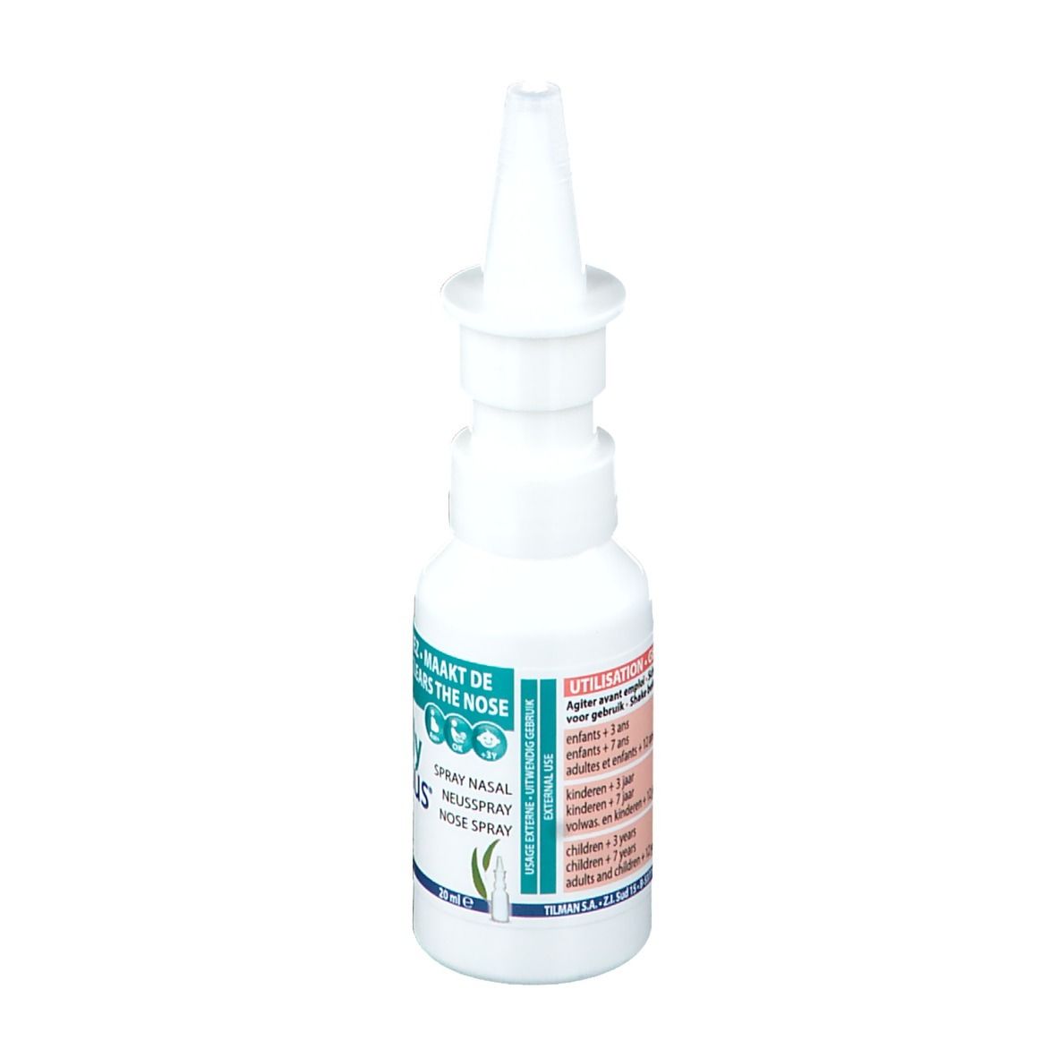 Weiße Nasenspray-Flasche mit Sprühaufsatz. Produktname und Logo auf der Flasche.