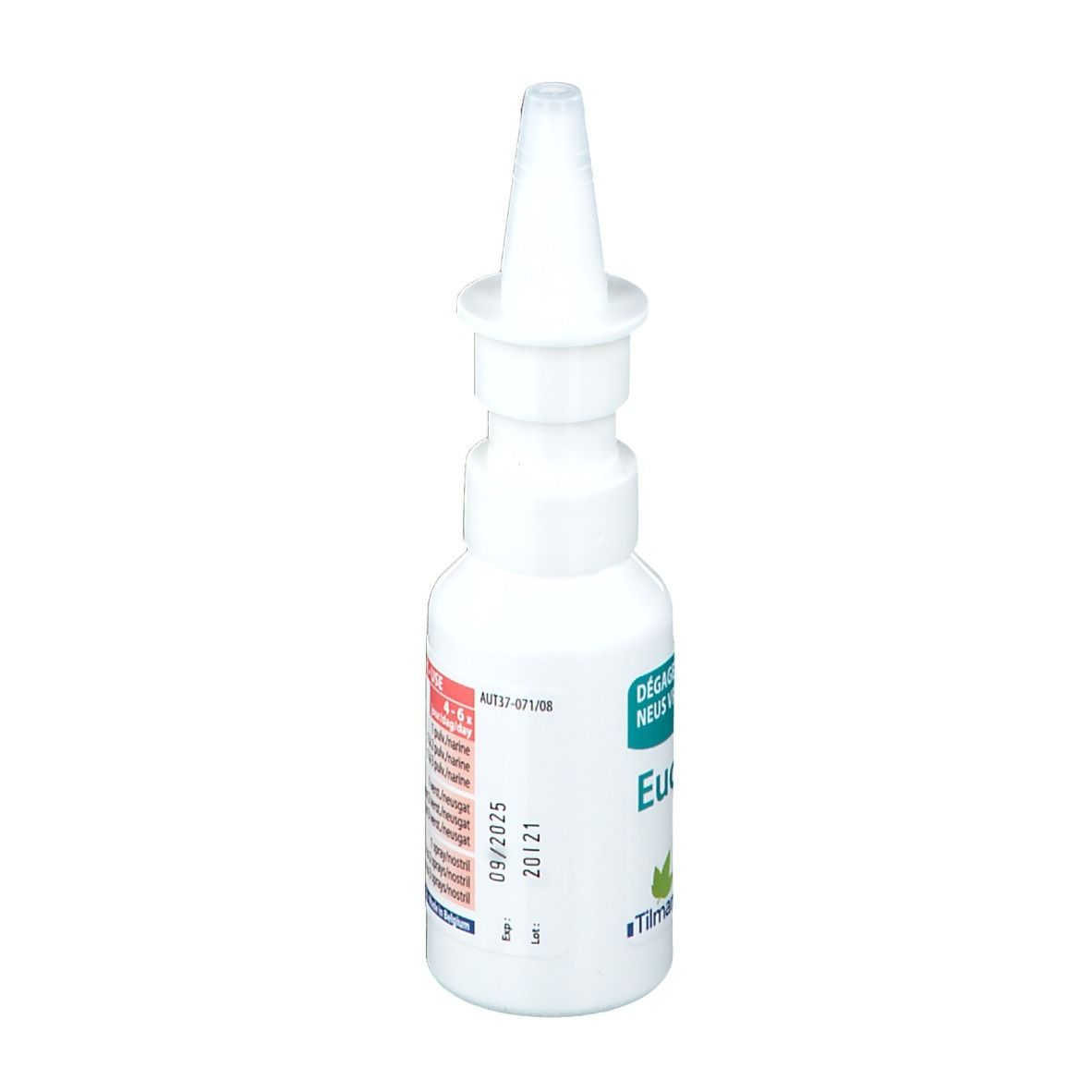 Weiße Nasenspray-Flasche mit Sprühaufsatz. Produktname und Logo auf der Flasche.