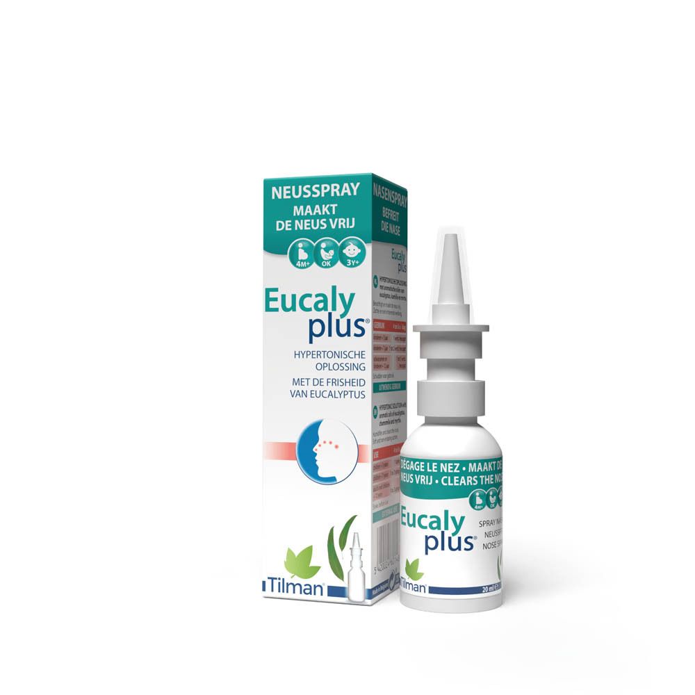 Neussprayverpakking. Nederlandse tekst. Productnaam en logo. Fles met sproeikop.