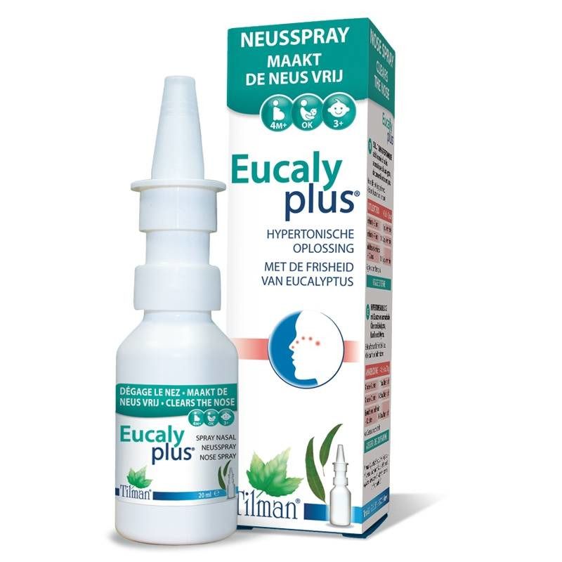 Nasenspray-Flasche und Verpackung. Weißes Fläschchen mit Sprühaufsatz. Verpackung mit Produktnamen und Logo.