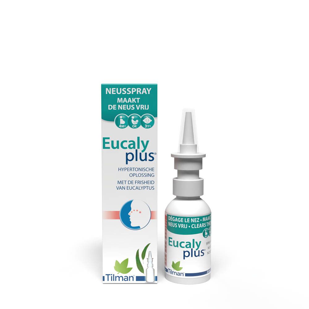 Neussprayverpakking. Nederlandse tekst. Productnaam en logo. Fles met sproeikop.