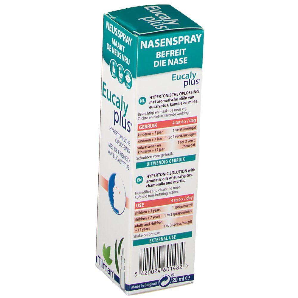 Rückseite der Nasenspray-Packung. Textinformationen in mehreren Sprachen. Produktname und Logo.