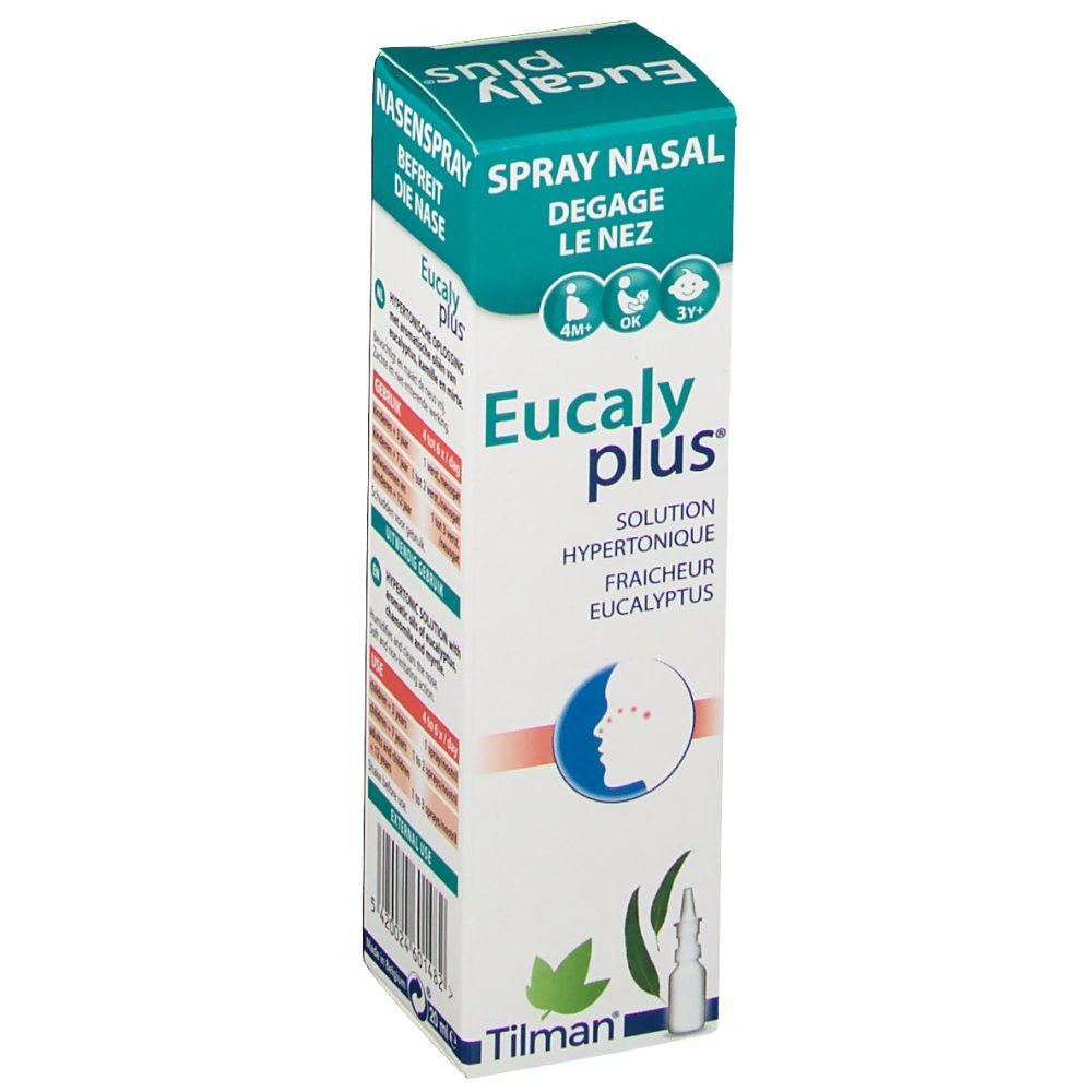 Nasenspray-Packung. Weiß-grüne Verpackung mit Produktnamen und Logo. Flasche mit Sprühaufsatz.