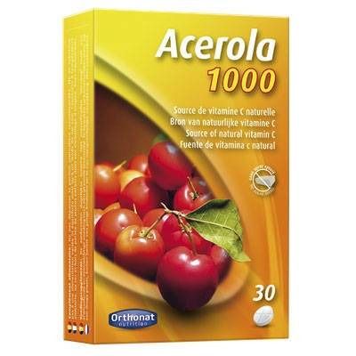 Boîte de compléments Acerola 1000. Source de vitamine C naturelle. Contient 30 comprimés. Marque : Orthonat.