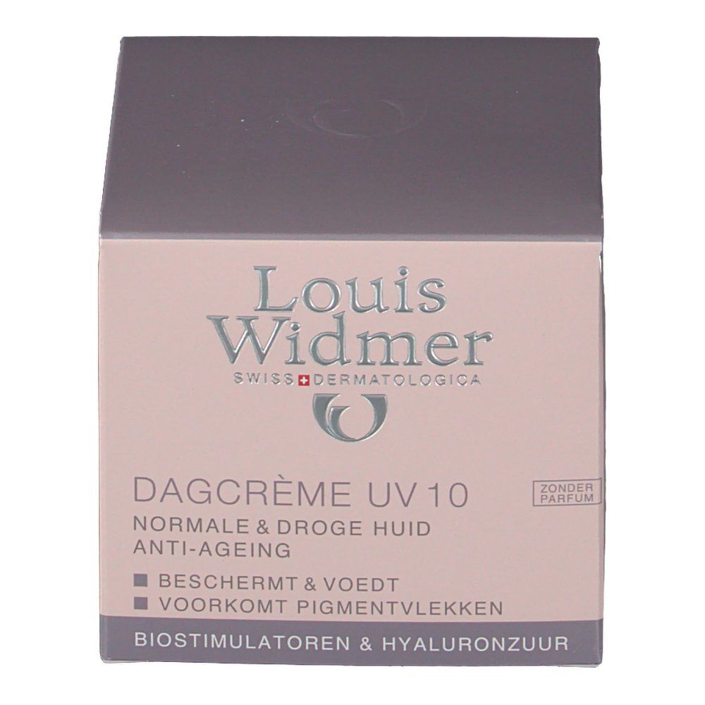 Roze doos met productnaam en logo. Tekst: Dagcrème UV10, Normale & droge huid, Anti-ageing. Bevat hyaluronzuur.