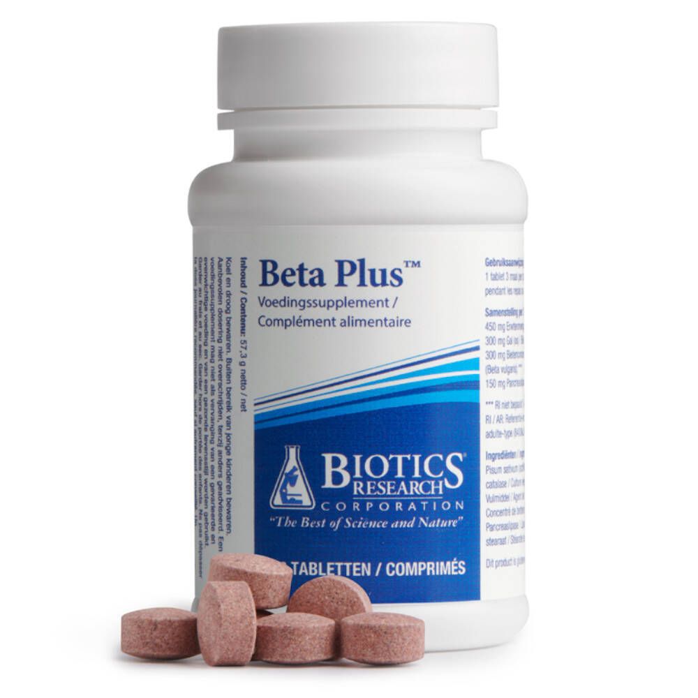 Flacon blanc avec comprimés et six comprimés à côté. Inscription Beta Plus. Logo Biotics Research. 90 comprimés.