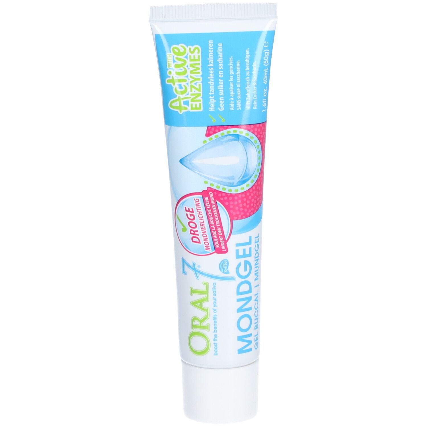 Tube de gel buccal. Couleurs bleu, blanc et rose. Texte : Oral 7, Active Enzymes, Droge Mondverlichting.