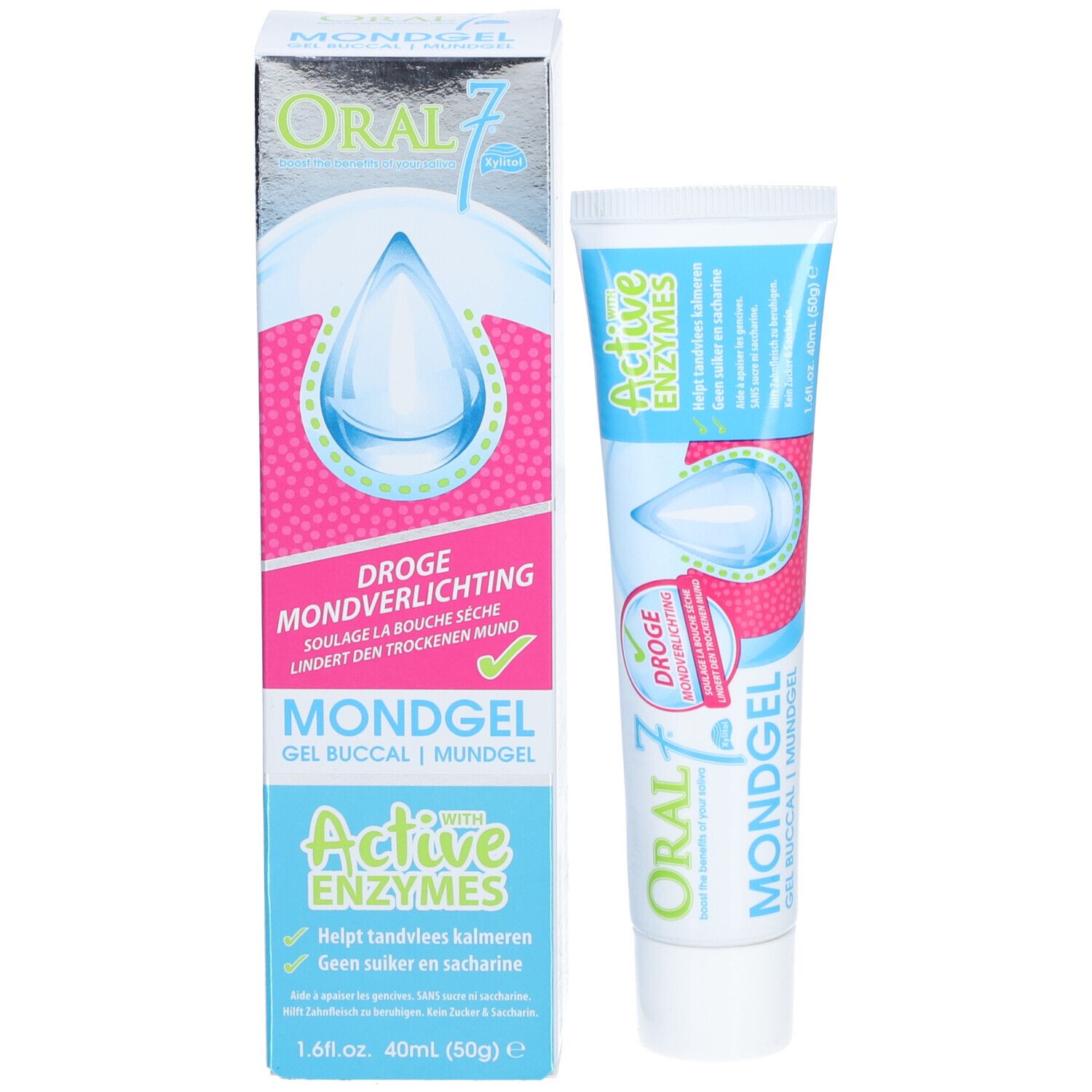Emballage et tube du produit. Emballage : blanc, bleu, rose. Tube : blanc, bleu, rose. Texte : Oral 7, Mondgel.