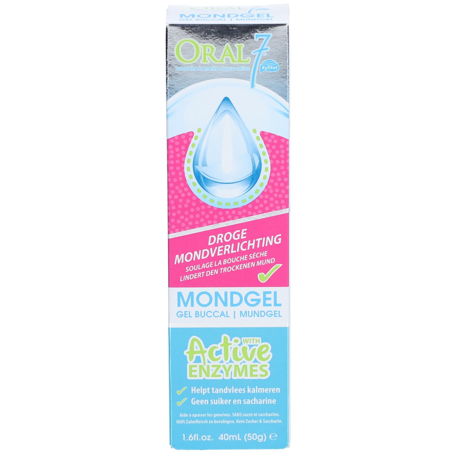 Emballage du produit. Blanc, bleu, rose. Texte : Oral 7, Mondgel, Active Enzymes, Droge Mondverlichting.