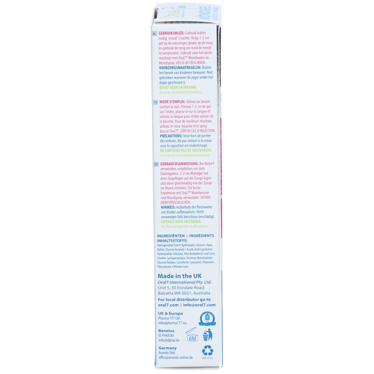 Vue latérale de l'emballage du produit. Texte en plusieurs langues. Informations du fabricant.