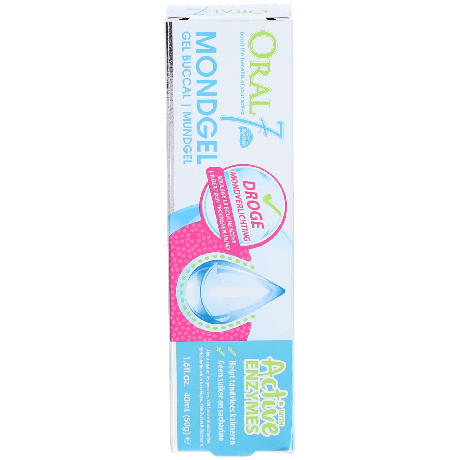 Emballage du produit. Blanc, bleu, rose. Texte : Oral 7, Mondgel, Active Enzymes, Droge Mondverlichting.