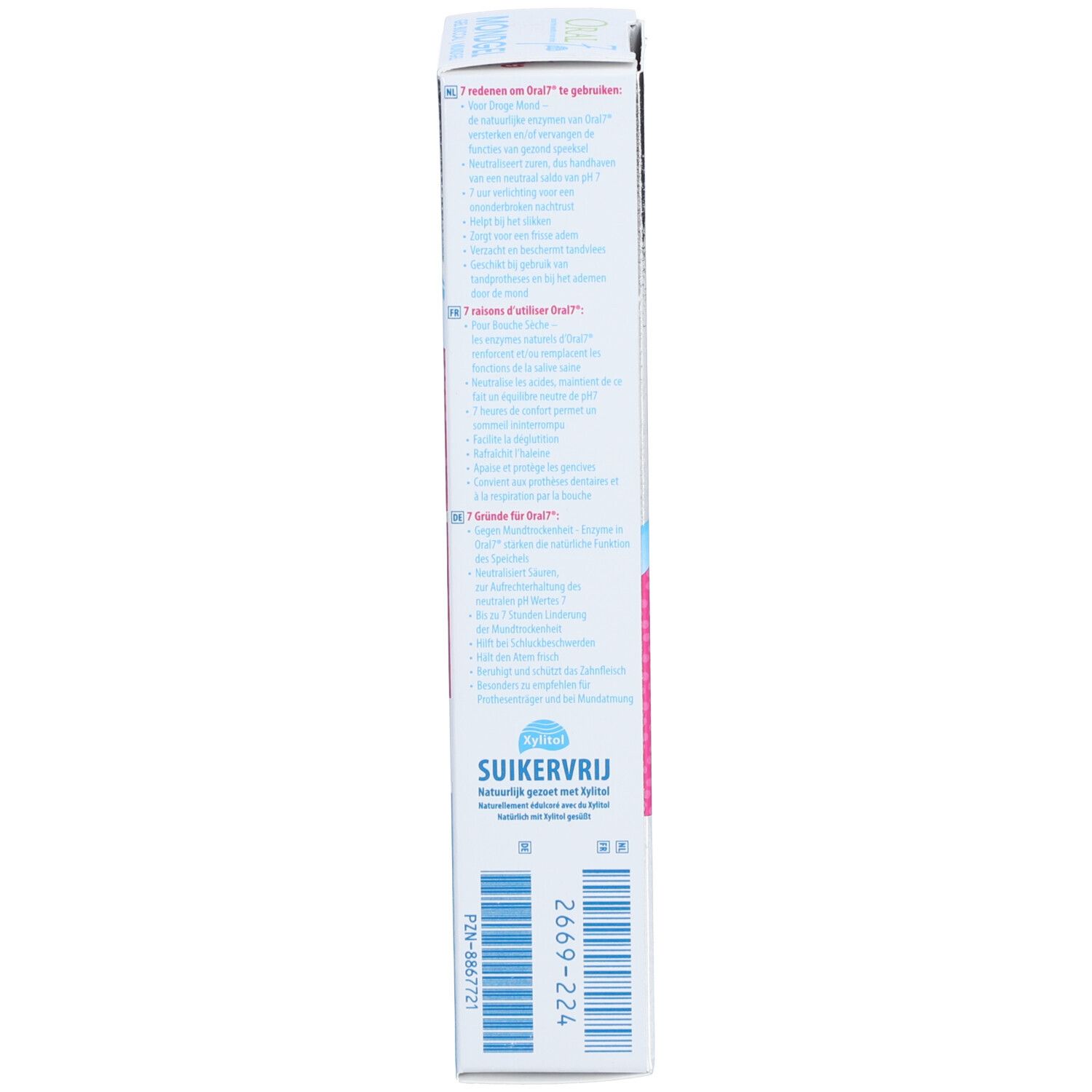 Vue latérale de l'emballage du produit. Texte en plusieurs langues. Informations du fabricant.