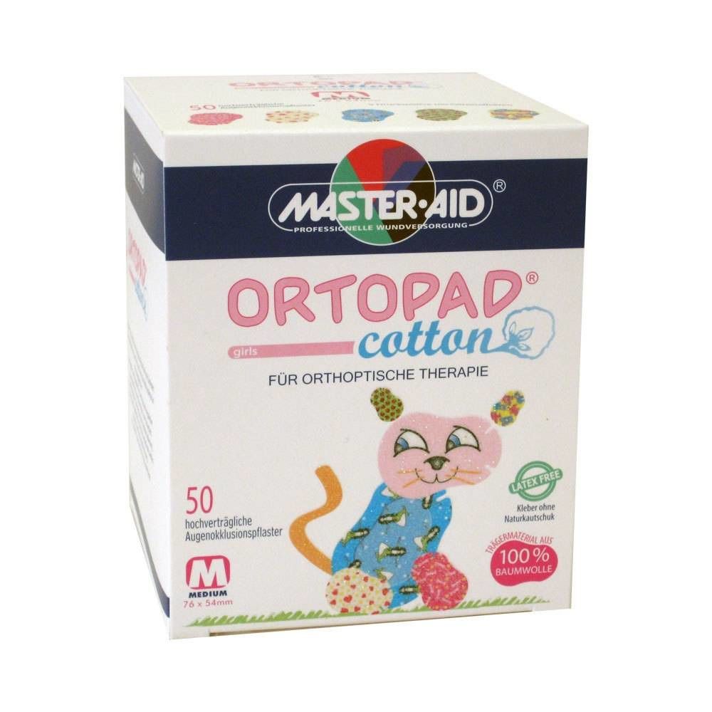 Boîte de pansements ORTOPAD® cotton. Contient 50 pièces. Inscription: MASTER-AID, coton, pour thérapie orthoptique. Taille M.