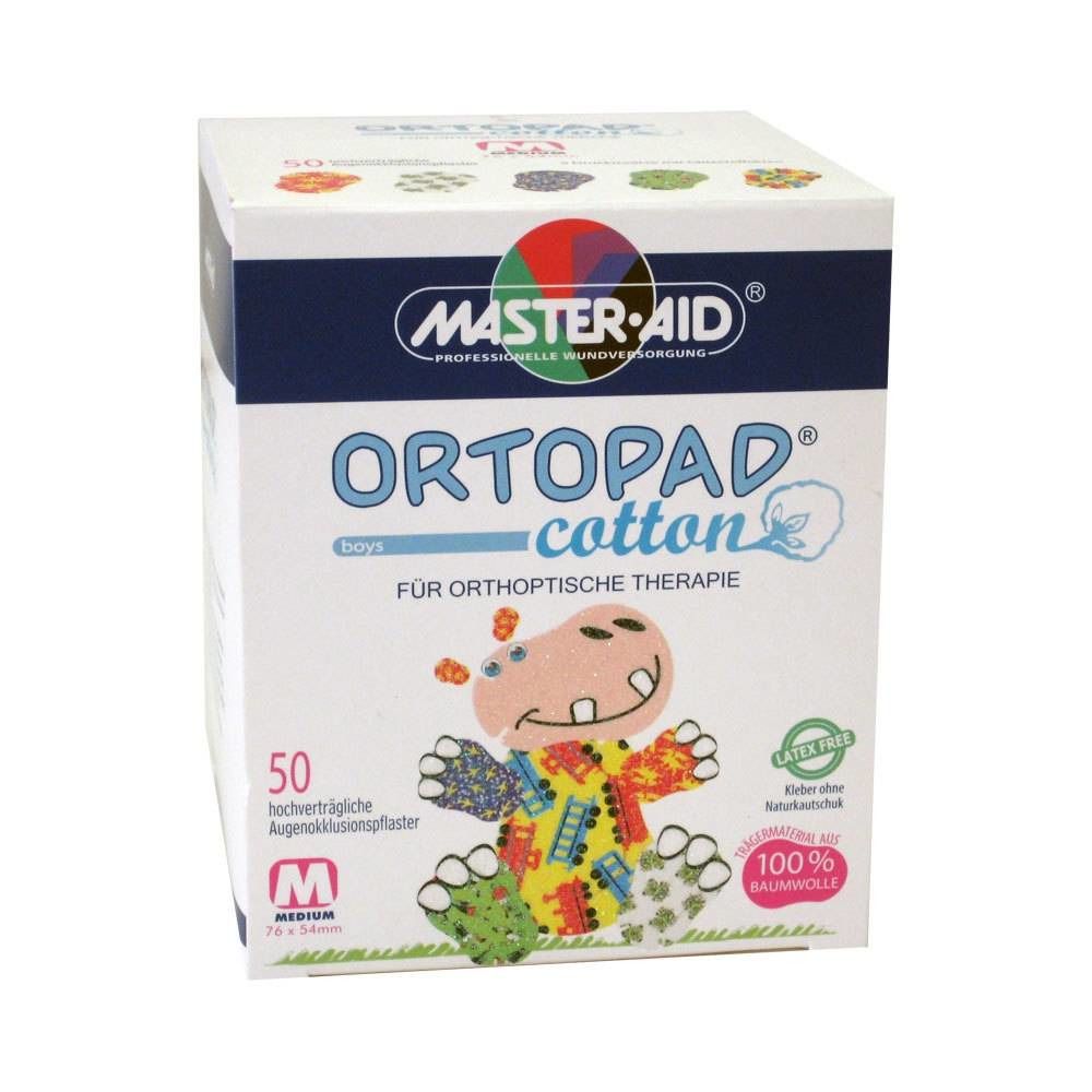Verpackung ORTOPAD® cotton boys. 50 Pflaster, Größe M. Cartoon-Illustration. Logo MASTER-AID. Baumwolle, latexfrei.
