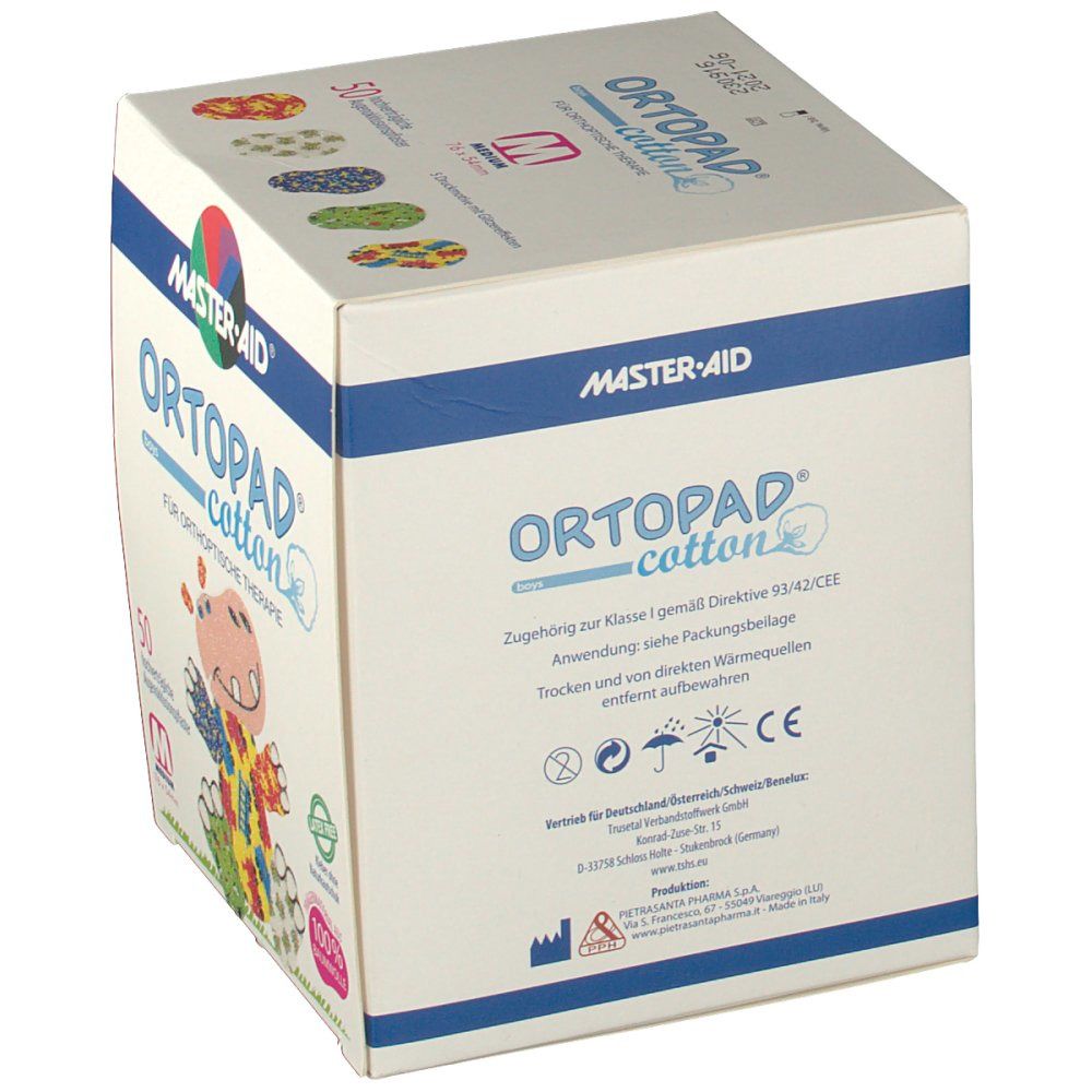 Verpackung ORTOPAD® cotton. 50 Pflaster. Logo MASTER-AID. Hinweise zur Anwendung. CE-Kennzeichnung. Trocken lagern.
