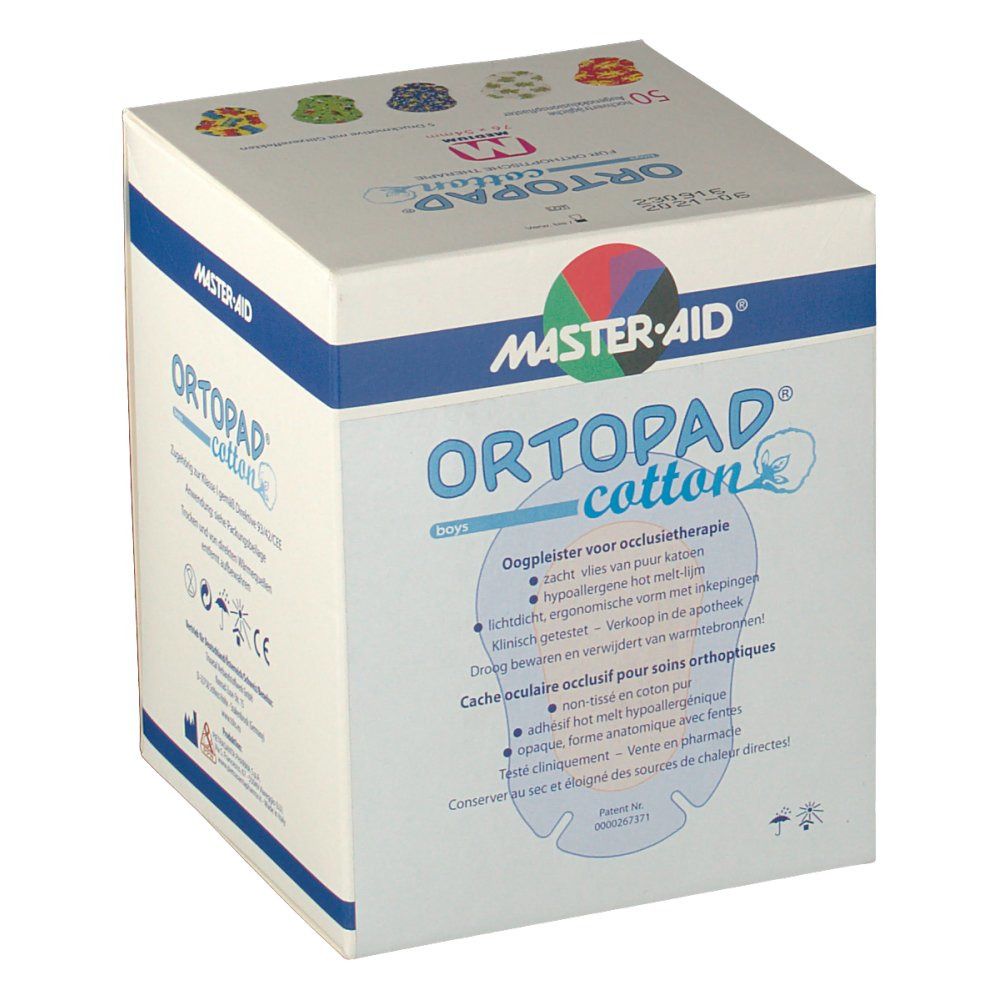 Verpackung ORTOPAD® cotton. 50 Pflaster. Logo MASTER-AID. Hinweise zur Anwendung. Für Okklusionstherapie. Anatomische Form.