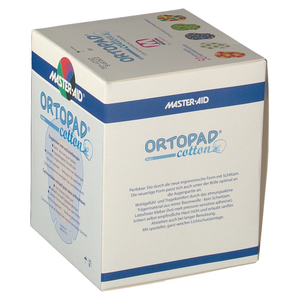 Verpackung ORTOPAD® cotton. 50 Pflaster. Logo MASTER-AID. Verbesserte Form. Für optimalen Sitz. Mit Lichtschutz.
