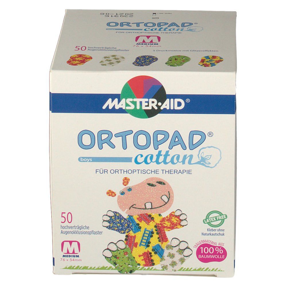 Verpackung ORTOPAD® cotton boys. 50 Pflaster, Größe M. Cartoon-Illustration. Logo MASTER-AID. Baumwolle, latexfrei.