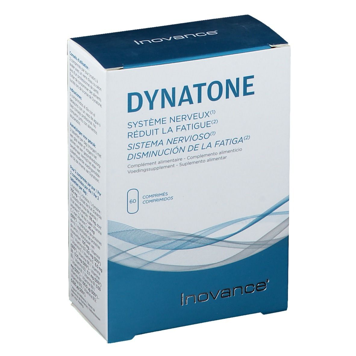 Inovance Dynatone verpakking. Bevat 60 tabletten. Opschrift: Système Nerveux, Réduit la Fatigue, Sistema Nervioso, Disminución de la Fatiga.